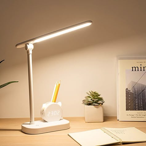 HROOME Modern Cute Dog Adjustable Wooden Dimmable Beside Desk Table Lamp Touch Sensor with Night Light for Bedroom Office Kids(Warm white 2800-3200k) - - Amazon.com Desk Lamp With Charger, Korean Desk Lamp, Lamp On Bedside Table, Aesthetic Lamps For Desk, Lamps On Desk, Desk Lighting Ideas Workspaces, Lamp Study Table, Simple Desk Lamp, Cute Lamps For Bedroom