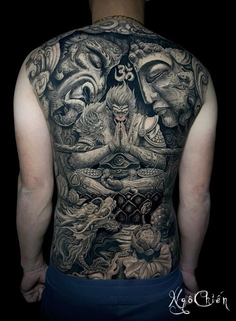 Full Body Tattoo Man, Sun Wukong Tattoo, Wukong Tattoo, Japanese Cloud Tattoo, Tattoo Fe, Khmer Tattoo, Monkey Tattoos, Samurai Tattoo Design, Ganesha Tattoo