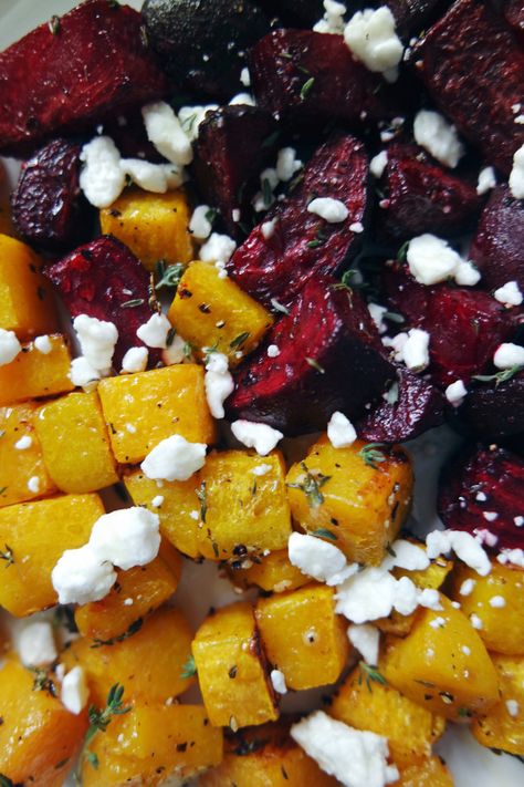 Honey roasted beets and butternut squash - Rushing to the Kitchen Beet And Squash Recipes, Beets Butternut Squash, Beet Squash Salad, Beet Butternut Squash Goat Cheese Salad, Roasted Beets And Squash, Butternut Squash Beets Recipes, Beet And Butternut Squash Recipes, Roasted Beets And Butternut Squash, Beet And Butternut Squash Salad