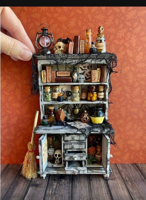 Spooky Doll House Furniture, Halloween Dollhouse Diy, Witch Cupboard, Witch Dollhouse, Miniature Shelf, Dollhouse Makeover, Halloween Dollhouse, Witches Cottage, Bones And All