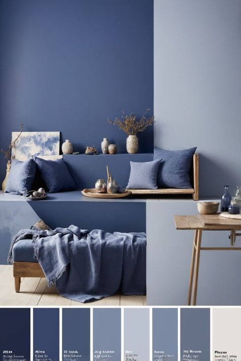 Blue Color Wall Paint, Different Painting Ideas For Walls, Indigo Interior Design, House Paint Combination, Trending Blue Paint Colors, Blue Room Color Palette, Colors That Go With Blue Colour Palettes, Cupboard Colour Combinations, Indigo Blue Color Palette