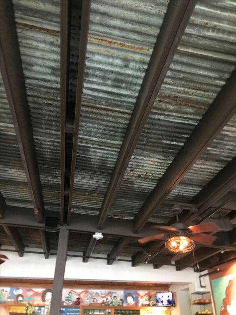 T111 Ceiling, Galvanized Tin Ceiling, Patio Ceilings, Rustic Tin Ceilings, Corrugated Tin Ceiling, Metal Panel Ceiling, Barn Bar, Apartment Remodel, Cabin Remodel