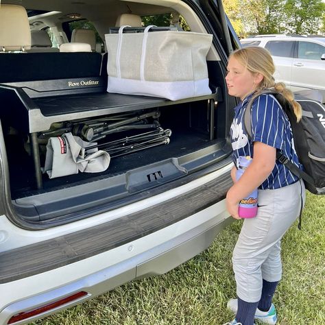 Ford expedition organized cargo space so that your trunk isn’t Jenga! Suv Organization Trunks, Suv Cargo Organization, Suv Trunk Shelf, Ford Expedition Accessories, Suv Organization, Trunk Organizer Suv, Trunk Organization Car, Camping Goals, Suv Trunk Organization