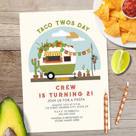 Taco Twosday 2Nd Birthday Invitation Green Camper #zazzle #weddinginvitations #birthdayinvitations #babyshowerinvitations #zazzleinvitations #monogram #businesscards #graduation #homedecor Taco Twosday Birthday Girl, Taco Twosday Birthday, Taco Twosday, Birthday Prayer, Birthday Invitation Pink, Taco Truck, 2nd Birthday Invitations, Girl 2nd Birthday, Invitation Pink