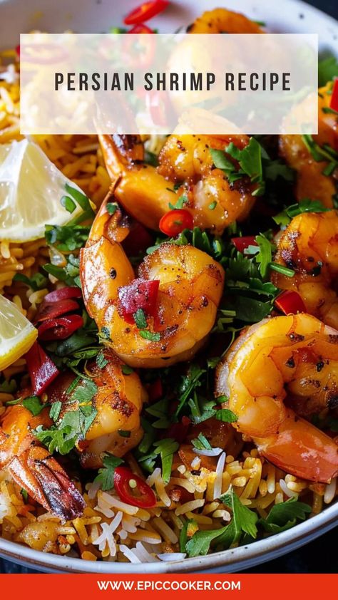 Persian Shrimp Recipe – Epic Cooker Middle Eastern Shrimp Recipe, Persian Shrimp And Rice, Fish And Shrimp Recipes, Arabic Mezze, Asian Seafood Recipes, Indian Shrimp Recipes, Prawns And Rice, Saffron Shrimp, Shrimp Dinners