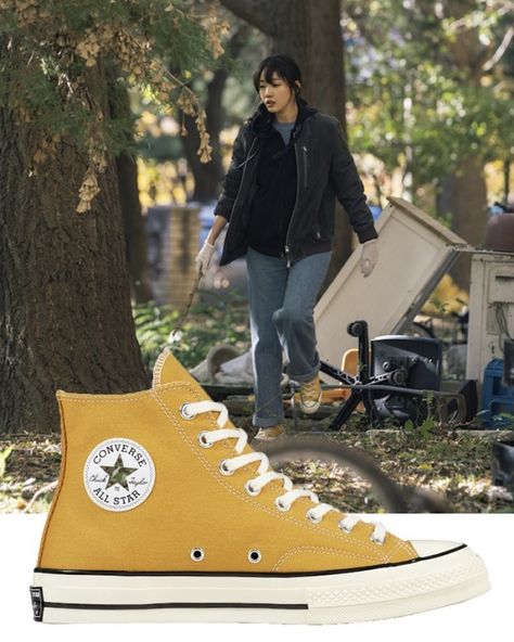 Mustard Sneakers Outfit, Mustard Converse Outfit, Mustard Converse, Converse Chuck 70 High Top, Converse Fits, The King Eternal Monarch, Converse Outfit, Eternal Monarch, Kim Go Eun