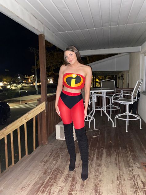 young woman wearing elastigirl costume Incredibles Costume Women, Mrs Incredible Costume College, Incredible Halloween Costumes, Violet Incredibles Costume, Diy Incredibles Costume, Mrs Incredible Costume Diy, Incredibles Halloween Costume, Ms Incredible Costume, Mrs Incredible Costume