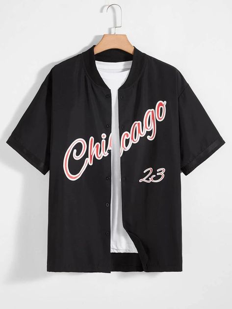 Men 1pc Letter Graphic Baseball Collar Shirt | SHEIN USA Mens Baseball Shirts, Collar Shirt Men, Streetwear Mode, Streetwear Men, Basketball Shirts, Baseball Shirt, Short Sleeve Cardigan, Print Graphic, Baseball Shirts