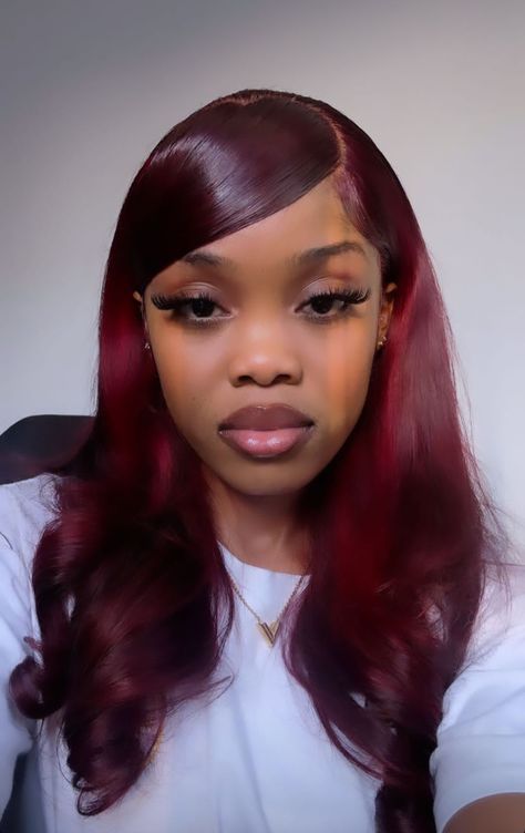 Red Velvet Hair Color With Highlights, Red Wig Styles, Red Hair Barbie, Ruby Red Hair Color, Deep Red Hair Color, Ruby Red Hair, Red Hair Outfits, Red Weave Hairstyles, Frontal Wig Hairstyles