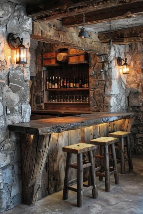 Cabin Gameroom, Barn Bar Ideas, Bar Area Design, Rustic Outdoor Bar, Wooden House Plans, Bar Design Ideas, Game Room Ideas, Basement Bar Design, Western Bar