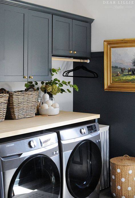 Adding Shaker Pegs and A Counter to Our Laundry Room - Dear Lillie Studio Laundry Room Design Blue Cabinets, Laundry Room Shelves And Cabinets, Small Laundry Room Dark Paint, Dark Blue Laundry Room Walls, Add Cabinets To Laundry Room, Slate Blue Laundry Room, Moody Blue Laundry Room, Laundry Room Blue Walls, Hale Navy Laundry Room