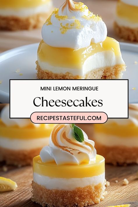 These bite-sized lemon cheesecakes are a perfect balance of tangy lemon curd, creamy cheesecake, and fluffy meringue, making them an ideal spring dessert! Easy to make and sure to impress, they combine all the flavors of lemon meringue pie in a mini, individual form. Individual Cheesecake Recipes, Recipes Using Lemon Curd, Lemon Curd Dessert, Lemon Cheesecakes, Mini Lemon Meringue Pies, Lemon Curd Cheesecake, Recipe Using Lemons, Mini Lemon Cheesecakes, Individual Cheesecakes