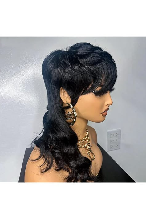 QiaQiaRing Mullet Wigs for Black Women 80s 90s Body Wave 18inch 1B Mullet Pixie Cut Wig With Bangs Synthetic Heat Resistant Hair Replacement Wigs Cosplay Wig Full Machine Made Glueless Wig for Women Mullet Lace Front Wig, Black Women Mullet Hairstyles, Colored Mullet, Bob With Bangs Hairstyles, Mullet Pixie, 90's Hairstyles, Mullet Wigs, Cuban Twist Hair, Mullet Wig