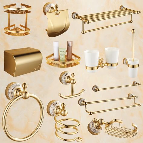 Antique Gold Bathroom Accessories Sets Aluminum with Ceramic Flower Base Bathroom Hardware Sets Polished Bath Accessories GH Golden Bathroom Accessories, Aesthetic Vintage Room Decor, Vintage Room Decor Ideas, Vintage Room Aesthetic, Room Ideas Aesthetic Grunge, Aesthetic Vintage Room, Golden Bathroom, Black Gold Bedroom, Room Inspiration Aesthetic