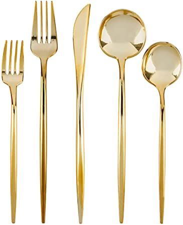 Amazon.com | Novelty Modern Flatware Cutlery Disposable Plastic Combo Set 80 Count Luxury Gold, Service for 16: Flatware Sets Gold Plastic Silverware, Clear Plastic Plates, Gold Silverware, Modern Flatware, Disposable Cutlery, Plastic Silverware, Gold Cutlery, Plastic Dinnerware, Gold Flatware