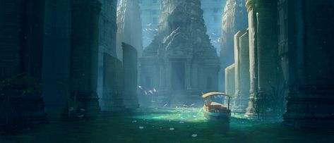 Flooded Temple, Jessica Woulfe on ArtStation at https://www.artstation.com/artwork/VdQD5n Water Temple, Old Fisherman, Concept Art Tutorial, Landscape Concept, Fantasy City, Concept Artist, Fantasy Places, Ancient Temples, Matte Painting