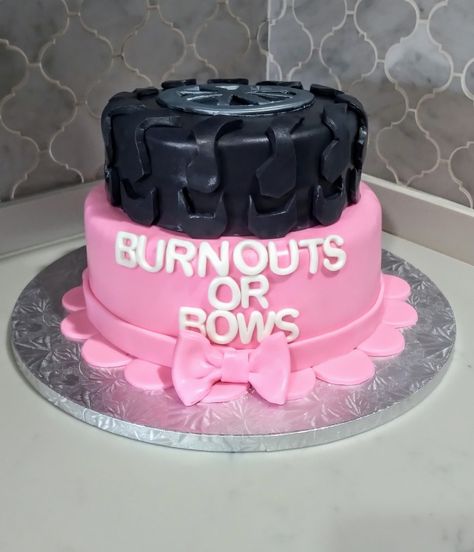 Burnouts And Bows Cake, Bike Gender Reveal Ideas, Hoops Or Bows Gender Reveal, Burn Outs And Bows Gender Reveal, Gender Reveal Ideas Truck Exhaust, Gender Reveal Burnouts Or Bows, Gender Reveal Ideas Racecar, Burn Out And Bows Gender Reveal, Gender Reveal Dirtbike Theme