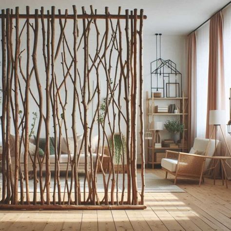 27 Tree Branch Decoration Ideas: Bring Nature's Beauty Indoors » HomeDecorFull Wall Divider Design, Tree Limb Projects Diy Ideas, Tree Branch Diy, Branch Decor Diy, Tree Branch Decoration, Tree Branch Decor Diy, Snow White Kitchen, Branch Curtain Rods, Diy Nature Decor