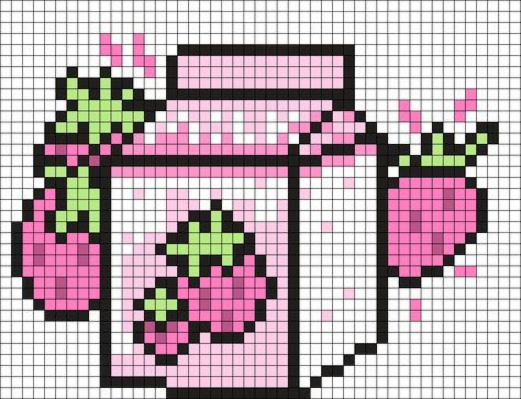 Milk Carton Cross Stitch, Strawberry Milk Perler Beads, Strawberry Milk Pixel Art, Pixel Milk Carton, Milk Carton Pixel Art, Strawberry Pixel Art Grid, Milk Perler Beads, Strawberry Cow Pixel Art, Pastel Perler Bead Patterns