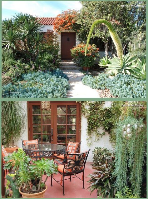 Front Yard Landscaping Spanish Style, Colonial Garden Ideas, Spanish Bungalow Landscaping, California Front Yard Landscaping Ideas Spanish Style, Socal Landscape Front Yard, Spanish Colonial Landscape, Replace Lawn, Agave Attenuata, Colonial Garden