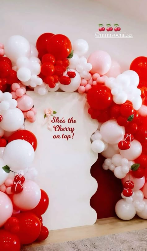 Cherry On Top Balloon Arch, Red Cherry Birthday Party Theme, Cherry On Top Baby Shower Ideas, Cherry Balloon Arch, Red Bachelorette Party Decorations, Shes The Cherry On Top Bridal Shower Theme, Shes The Cherry On Top Bachelorette, Cherry Theme Bridal Party, Cherry Theme Bachelorette Party