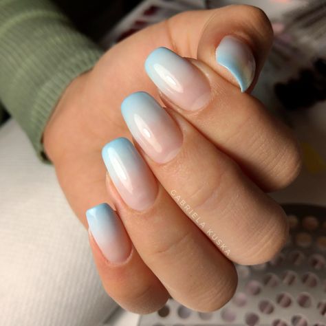 Powder Blue Ombre Nails, Light Blue And White Nails Acrylic Short, Ambre Nails Ombre Blue, Coloured Ombre Nails, Blue And White Ombre Nails, Blue Airbrush Nails, Blue Ombré Nails, Airbrush Nail, Ombre Gel Nails