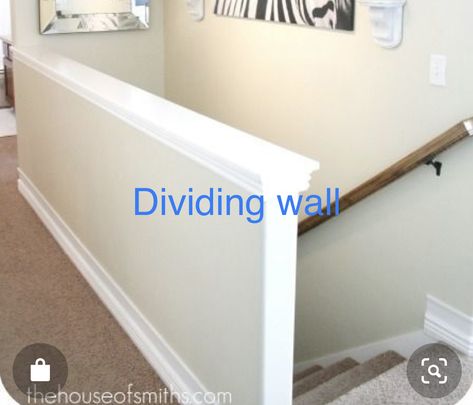 Half Wall Top Of Stairs, Open Basement Stairs In Kitchen, Half Wall Staircase, Open Basement Stairs, Diy Stair Railing, Top Of Stairs, Stairs In Kitchen, Stairs Makeover, Laundry Room Bathroom