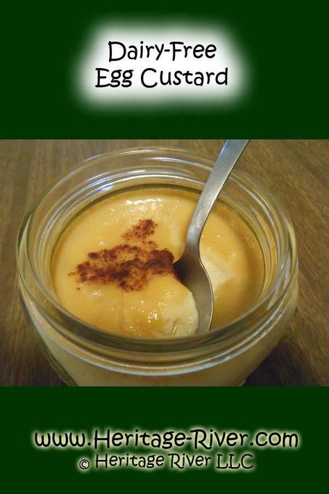 Dairy-Free Egg Custard – Heritage River LLC Dairy Free Custard Pie, Egg Free Custard Recipe, Egg Custard Recipe Easy, Dairy Free Custard Recipe, Whole Egg Custard, Dairy Free Egg Custard, Almond Milk Custard Recipe, Egg Custard With Almond Milk, Gluten Free Steamed Pudding