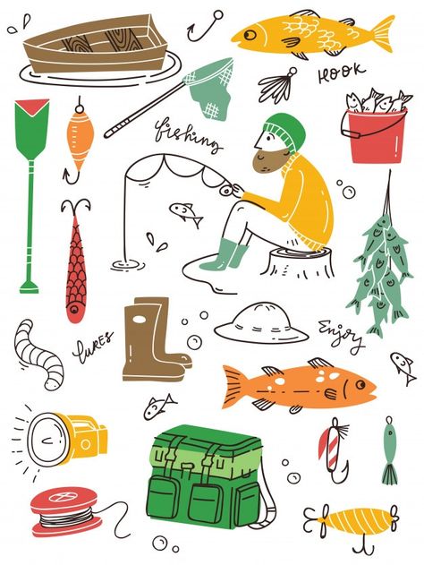 Set of fishing doodle Premium Vector | Premium Vector #Freepik #vector #background #design #hand #cartoon Fishing Lures Art Drawings, Fishing Lure Illustration, Fishing Lures Art, Camp Letters, Fish Cards, Drawing Fish, Camping Coloring Pages, Boat Drawing, Fish Clipart