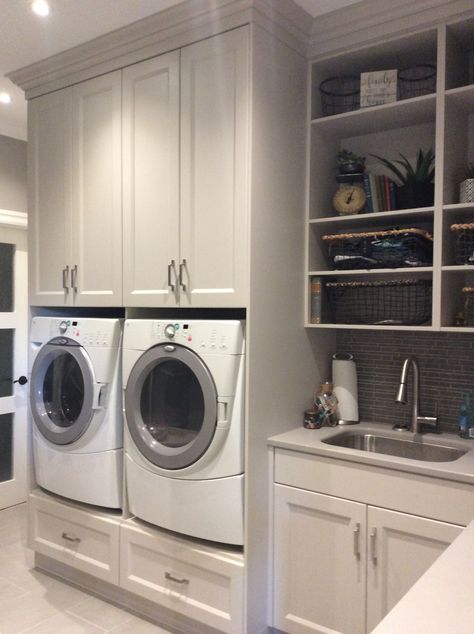 Over Washer Cabinet, Cabinets For Washer And Dryer, Washer And Dryer Cabinet Diy, Washer And Dryer Pedestal Cabinet, Washer Dryer Side By Side, Washer On Pedestal Laundry Rooms, Raised Laundry Room Ideas, Laundry Room Drawers Under Washer, Laundry Raised Washer Dryer