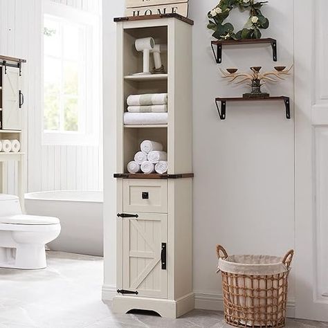 Amazon.com: OKD Bathroom Storage Cabinet, Farmhouse Storage Cabinet with Adjustable Shelves & Storage Drawer, Tall Linen Tower for Bathroom, Living Room, Laundry Room, Rustic Oak with Antique White : Home & Kitchen Farmhouse Storage Cabinets, Tall Bathroom Storage Cabinet, Tall Bathroom Storage, Farmhouse Storage, Bathroom Tall Cabinet, Bathroom Farmhouse, Freestanding Bathroom Cabinet, Bathroom Floor Cabinets, Shelves Storage