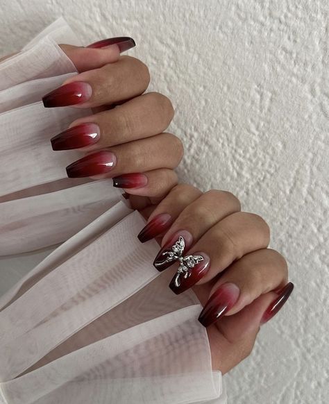 Scarlet Nails Acrylic, Light Red Nails Design, Ombre Wine Nails, Cherry Red Ombre Nails, Dark Red Jelly Nails Korean, Ombre Dark Red Nails, Dark Feminine Energy Nails, Cherry Ombre Nails, Gradient Red Nails