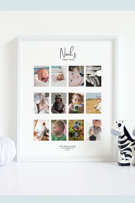 Baby's First Year photo collage Unique Baby Gift Ideas, Photo Collage Ideas, Baby Photo Collages, Wedding Photo Collage, One Year Pictures, Baby Birthday Decorations, Meaningful Artwork, Unique Baby Gift, Baby Gift Ideas