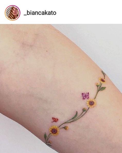 Tattoo Ideas For Females, Sunflower Tattoo Ideas, Sunflower Tattoo Simple, Small Colorful Tattoos, Butterfly Wrist Tattoo, Flower Wrist Tattoos, Anklet Tattoos, Tasteful Tattoos, Sunflower Tattoos