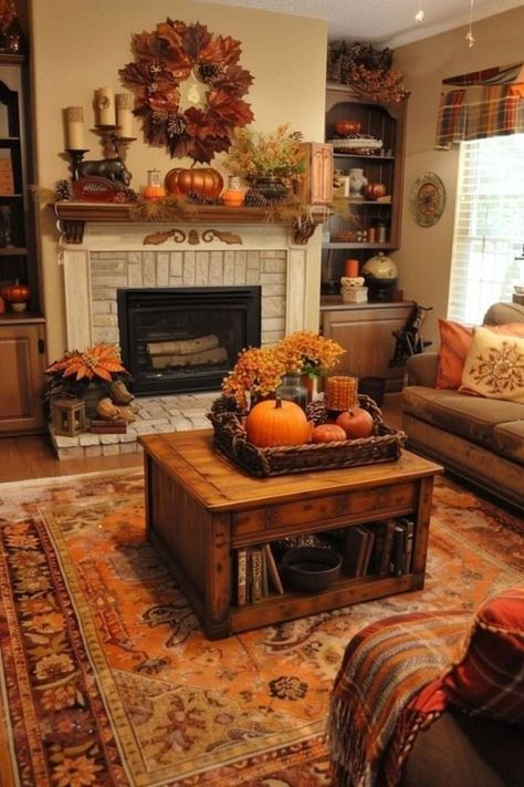 Tuscany Living Room Ideas, Autumn Aesthetic Cozy Home, Fall Hygge, Halloween Tour, Autumn Living Room, Fireplace Christmas, Rustic Thanksgiving, Fall Room Decor, Neutral Fall Decor