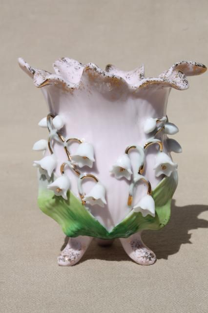 vintage Lefton china vase for lilies of the valley, china lily flowers on pink Lily Of The Valley Pattern, China Vase, Lilies Of The Valley, Pottery Flower, Lily Of The Valley Flowers, Lefton China, Valley Flowers, Love Lily, Lily Flowers