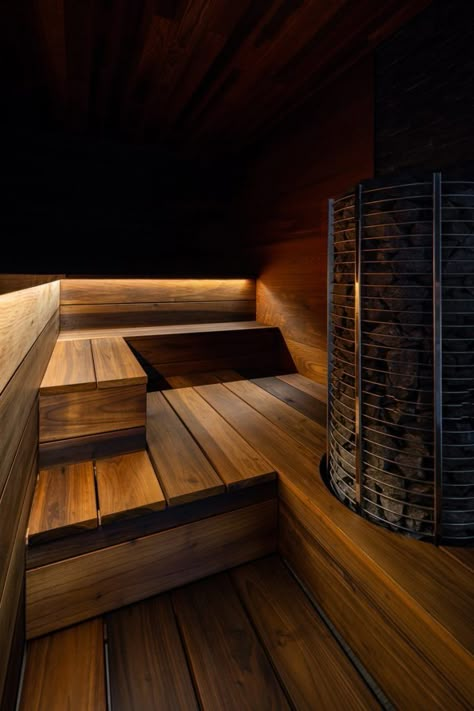 Ski Apartment Interiors, Black Sauna, Sauna Lights, Wood Sauna, Wood Spa, Sauna Benefits, Sauna House, Industrial Style Bathroom, Indoor Sauna