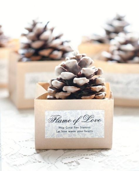 Send guests home with pine cone candles. | 42 Lovely Ideas For A Cold-Weather Wedding Pinecone Fire Starters, Fall Wedding Diy, Winter Wedding Favors, Cheap Favors, Winter Wedding Decorations, Wedding Favors Fall, Wedding Favors Cheap, Winter Wonderland Wedding, Wedding Winter