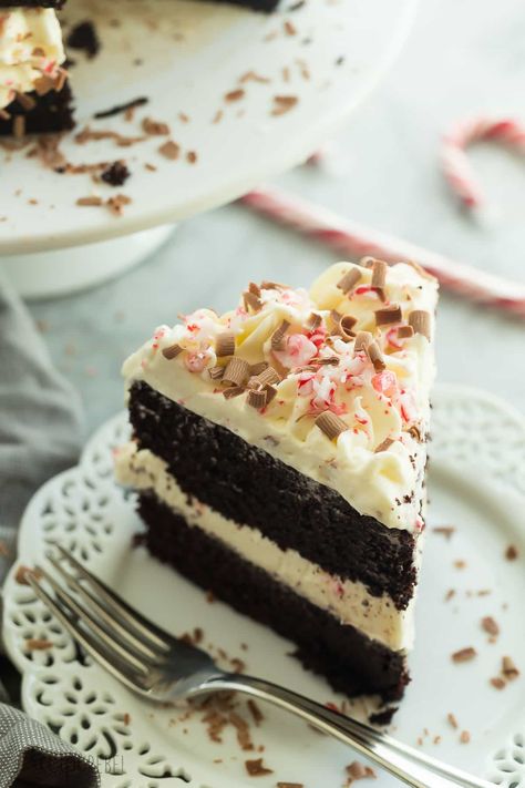 This Layered Double Chocolate Peppermint Cake has two super fudgy cake layers, a white chocolate whipped cream and candy canes. THEE Christmas dessert! Peppermint Christmas Desserts, Peppermint Desserts Christmas, Oreo Peppermint Bark, Oreo Bark Recipe, Oreo Bark, Chocolate Peppermint Cake, Thanksgiving Food Recipes, Fudgy Cake, Peppermint Cake