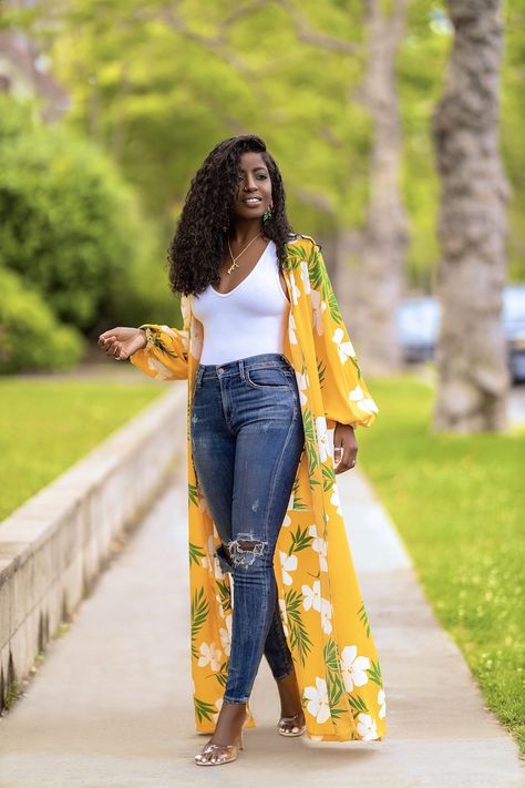 Yellow Floral Print Duster + Tank Bodysuit + Jeans Mode Kimono, Kimono Jacket, Hair Bundles, Remy Hair, Kimono Fashion, Long Shirt, Elevate Your Style, Kimonos, Cute Casual Outfits