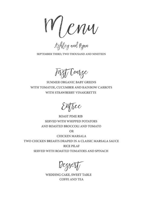 Free printable wedding menu template for the DIY bride. Print out our simple and elegant free printable wedding menu. Free Printable Menu Template, Simple Wedding Menu, Rustic Wedding Menu, Free Printable Menu, Free Menu Templates, Free Printable Wedding Invitations, Diy Wedding Menu, Bridal Shower Menu, Diy Menu