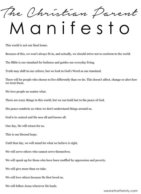 christian parent manifesto Family Mission Statements, Brand Manifesto, Family Mission, Biblical Parenting, Raising Godly Children, Parenting Plan, Parenting Classes, Smart Parenting, Christian Parenting