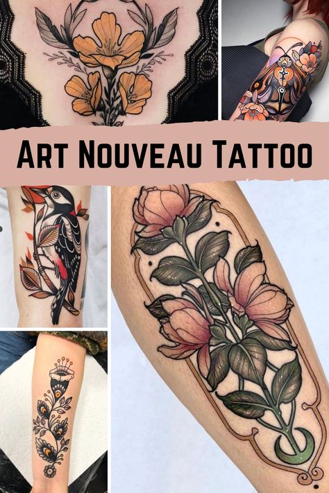 Art Nouveau Tattoo Style Defined - TattooGlee How To Draw Art Nouveau Style, Art Neuvo Tattoos, Neo Romanticism Tattoo, Art Nouveau Flower Tattoo, Art Deco Flower Tattoo, Art Nouveau Back Tattoo, Art Nouveau Tattoos, Art Nouveau Floral Tattoo, Art Nouveau Tattoo Flower