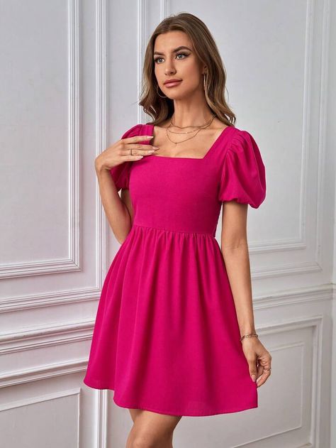 SHEIN Privé Square Neck Puff Sleeve Tie Back Dress | SHEIN USA 19 Birthday, Pink Dress Short, Tie Back Dress, Short Dresses Casual, Trendy Shorts, Back Dress, Women Dresses, Tie Backs, Dress Backs