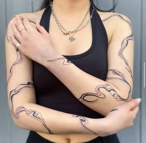 Tattoos On Both Arms, River Tattoos, Line Tattoo Arm, Swirl Tattoo, Around Arm Tattoo, Wrap Around Tattoo, Wrap Tattoo, Pretty Hand Tattoos, Elbow Tattoos