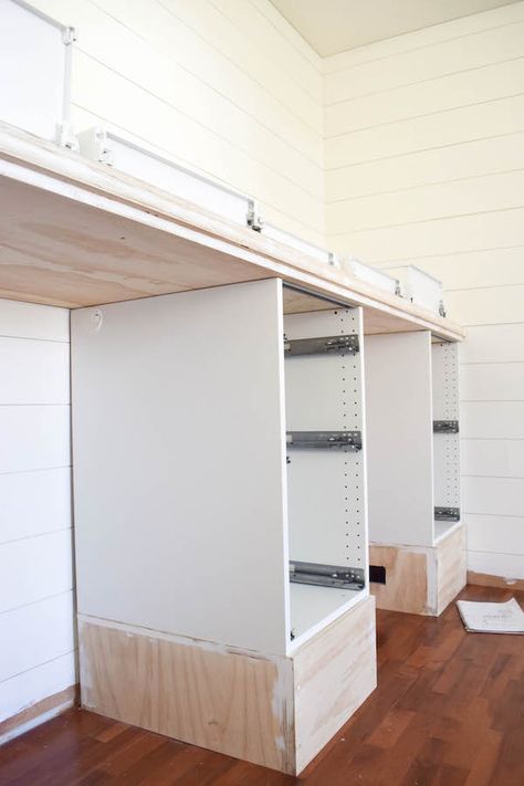 Rachel Schultz: MAKING IKEA CABINETS INTO A BUILT IN STANDING DESK Diy Built In Desk With Cabinets, Base For Cabinets, Built In Standing Desk, Built In Wall Cabinets, Diy Built In Desk, Building A Wall, Desk Wall Unit, Diy Standing Desk, Armoire Ikea