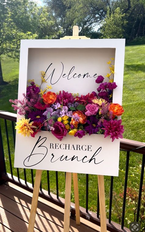 DIY Flower Box Welcome Sign - One Handy Momma Diy Welcome Sign Floral Arrangement, Easy Diy Event Decor, Flower Box Wall Decor, How To Make Flower Box Welcome Sign, Welcome Floral Box Sign, Flower Board Decoration, Diy Flower Welcome Sign, Wedding Welcome Flower Box Sign, Poster Board Flowers Diy