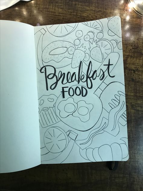 Recipe Art Journal- breakfast title title page by @bujo.adventures Food Title Page, Cookbook Title Page Ideas, Aesthetic Cookbook Cover, Food Bullet Journal, Recipes Bullet Journal, Bullet Journal Recipes Layout, Cookbook Cover Design, Bullet Journal Title Page, Recipe Book Covers