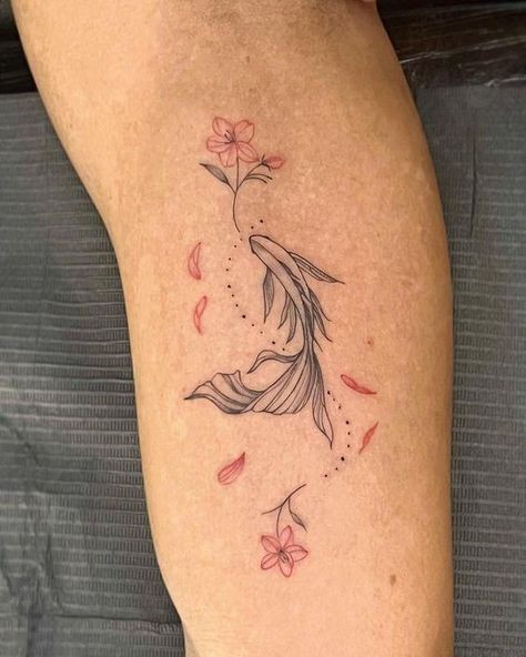 Koi Fish Hand Tattoo For Women, Koi Fish With Roses Tattoo, Small Tattoos Koi Fish, Koi Fish Tattoo With Lotus Flower, Koi Sakura Tattoo, Pisces Cherry Blossom Tattoo, Cherry Blossoms Tattoos For Women, Cherry Blossom Tattoo On Shoulder, Ting Yang Fish Tattoo