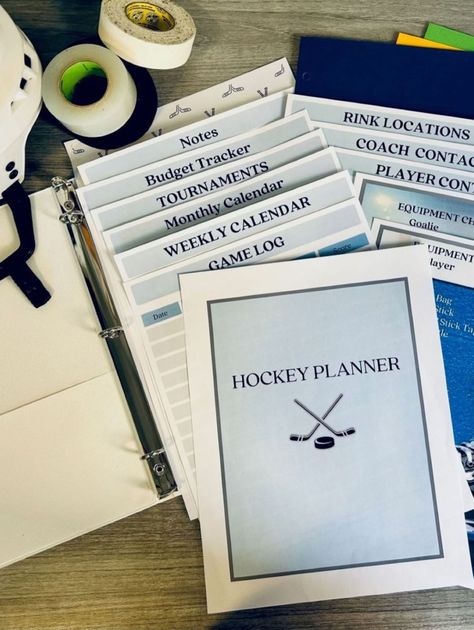 Plan and organize your hockey schedule. Great for players, parents and coaches. Keep everything all in one place, digitally or printed. Tournaments, contacts, game logs, calendars, rink locations, and budgeting. Hockey Team Manager Binder, Hockey Team Manager, Hockey Manager, Budget Tracker, Athletic Training, Planning And Organizing, Hockey Team, Hockey Player, Hockey Teams